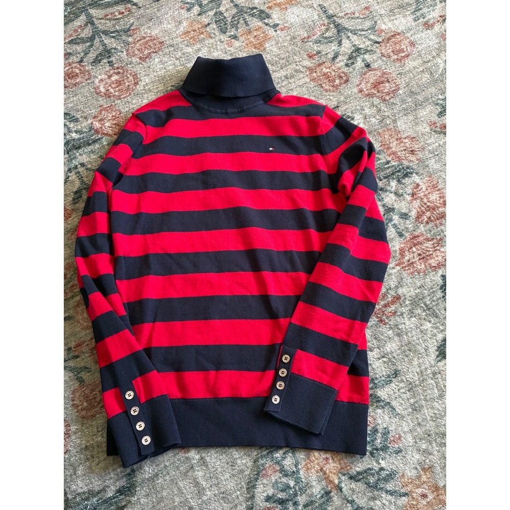Tommy Hilfiger Navy Red Striped Turtleneck Sweater Gold Button Cuff Women Small